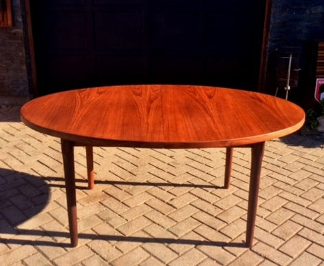 REFINISHED MCM Oval Teak Table w 3 Leaves by Punch Designs 64"-100" - Mid Century Modern Toronto