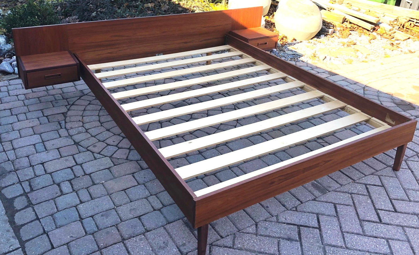 REFINISHED MCM Teak Bed with floating night stands Queen, Low profile - Mid Century Modern Toronto