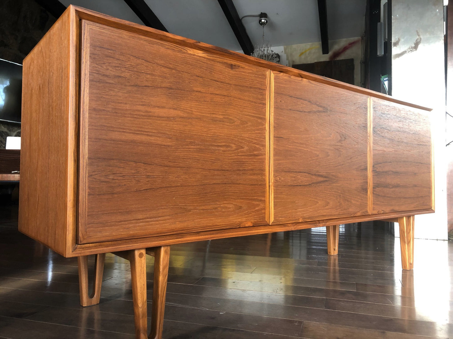 Danish MCM Teak Buffet Bar 63", 3 doors with hidden handles, perfect - Mid Century Modern Toronto