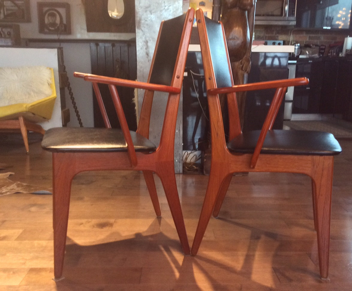 ON HOLD for S.T. 2 Danish MCM Teak Dining Armchairs REFINISHED will be custom REUPHOLSTERED for you, $350 each - Mid Century Modern Toronto