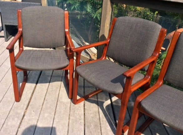 6 MCM Teak Chairs (2 arm, 4 side) Sleigh Base, REUPHOLSTERED, grey $199 each on Super Sale - Mid Century Modern Toronto