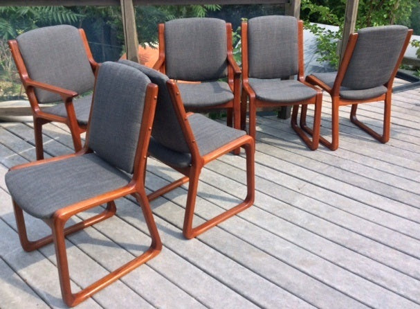 6 MCM Teak Chairs (2 arm, 4 side) Sleigh Base, REUPHOLSTERED, grey $199 each on Super Sale - Mid Century Modern Toronto