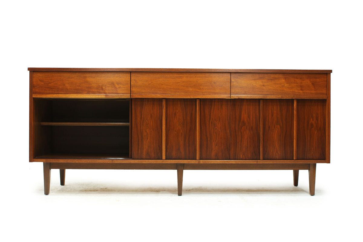 REFINISHED MCM Walnut Sideboard w Sliding Doors 74" - Mid Century Modern Toronto