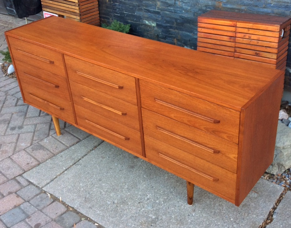 REFINISHED Mid Century Modern Teak Dresser 9 Drawers - Mid Century Modern Toronto
