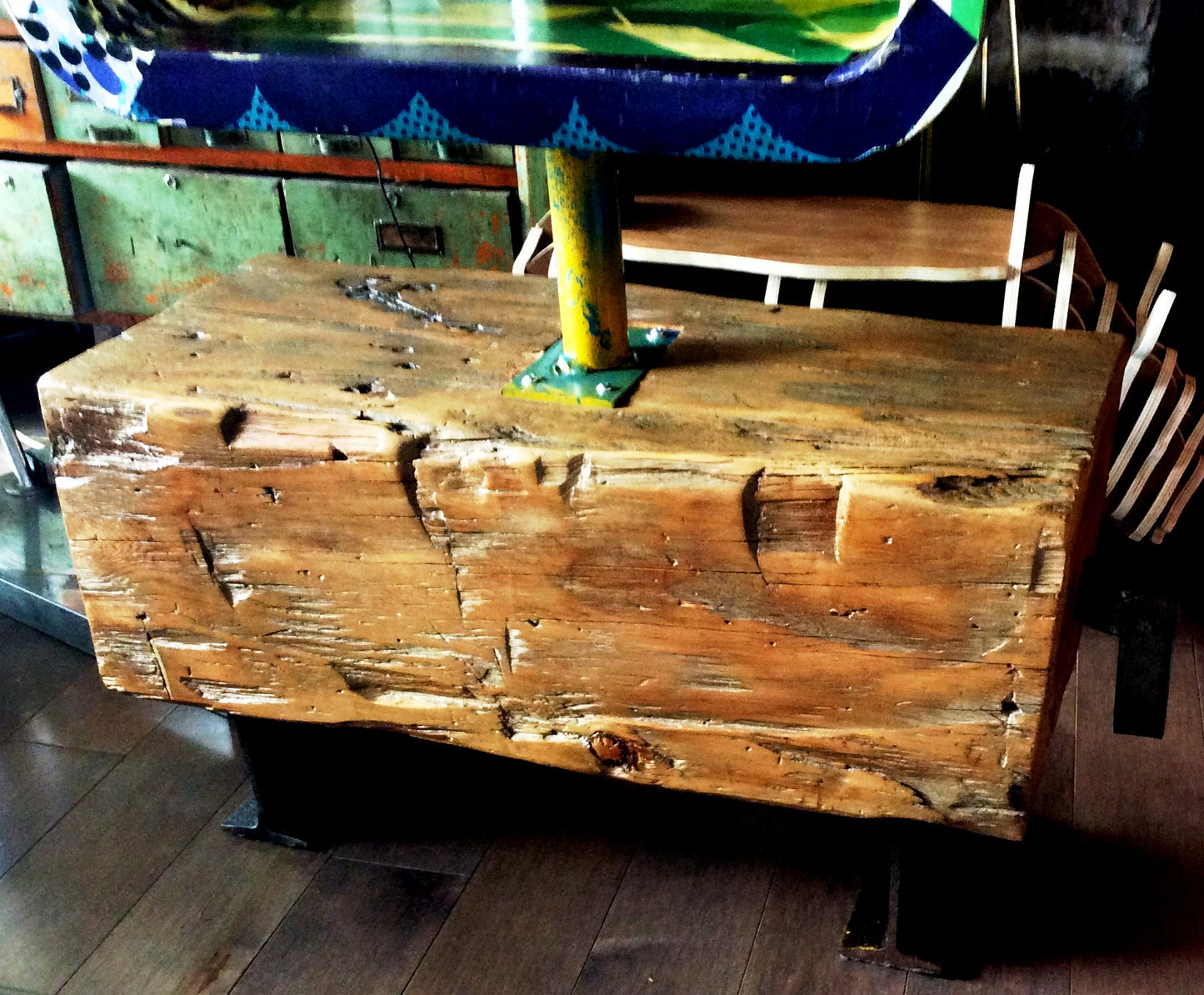 Unique Barn Beam Bench with Rotating Display One of the Kind - Mid Century Modern Toronto