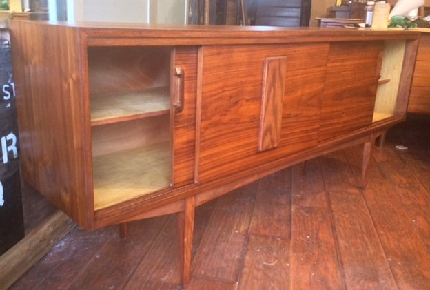 Mid Century Modern Walnut Credenza w Sliding Doors REFINISHED 70” - Mid Century Modern Toronto