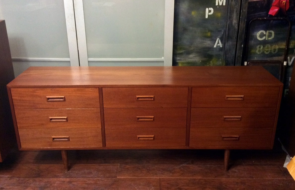 REFINISHED Mid Century Modern Teak Dresser 9 Drawers and Tallboy Wardrobe - Mid Century Modern Toronto
