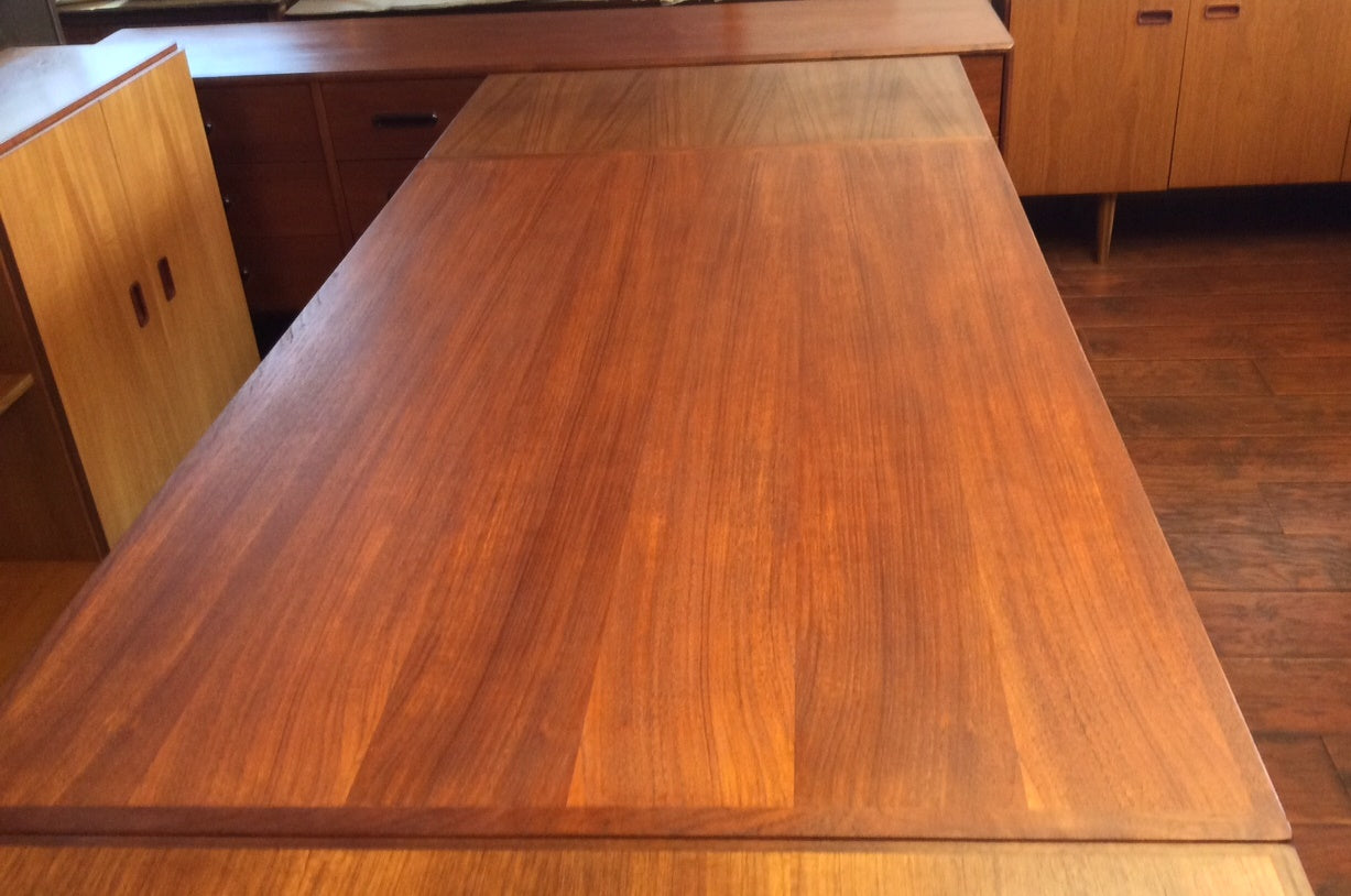 REFINISHED Danish Mid Century Modern Teak Floating Draw Leaf Dining Table - Mid Century Modern Toronto