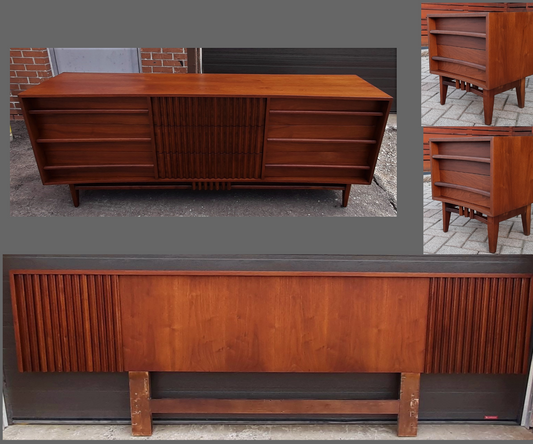 ON HOLD****REFINISHED MCM  Walnut Dresser 9 Drawers, 2 Nigh Stands, Headboard for Queen bed & optional frame - PERFECT - Mid Century Modern Toronto