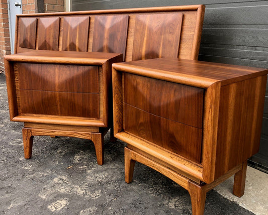 2 REFINISHED Mid Century Modern Walnut Diamond Front Nightstands V. Kagan style