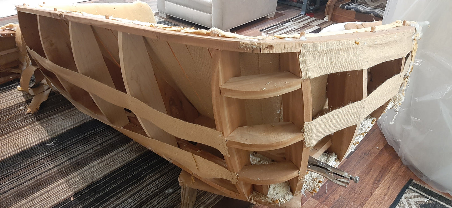 MCM Huber Barrel Back Teak Sofa & Lounge Chair, will be REFINISHED & REUPHOLSTERED