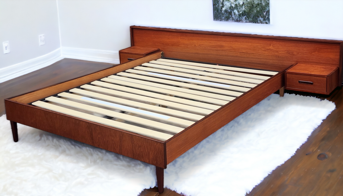REFINISHED Mid Century Modern Teak Bed w Floating Nightstands Queen