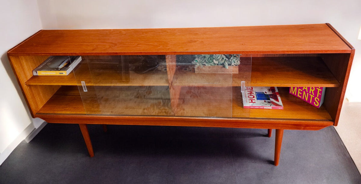 REFINISHED Danish Mid Century Modern Teak Display w Finished Back 72