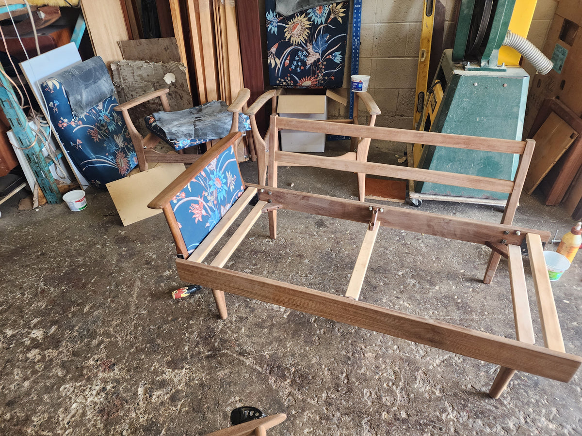 REFINISHED MCM Teak Loveseat Daybed & 3 Armchairs by Toothill, UK REUPHOLSTERED