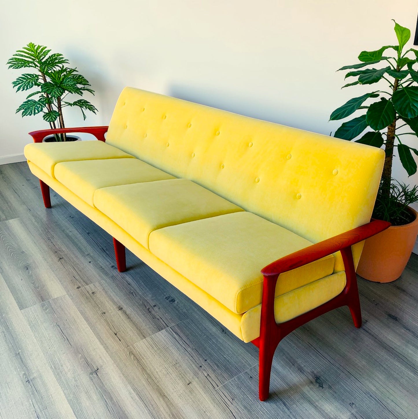 REFINISHED REUPHOLSTERED Mid Century Modern Teak 4-Seater Sofa by R.Huber