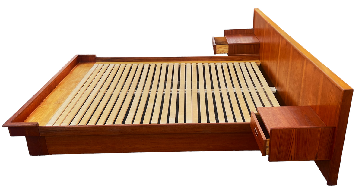 REFINISHED Mid Century Modern Teak Platform Bed Queen w Floating Nightstands