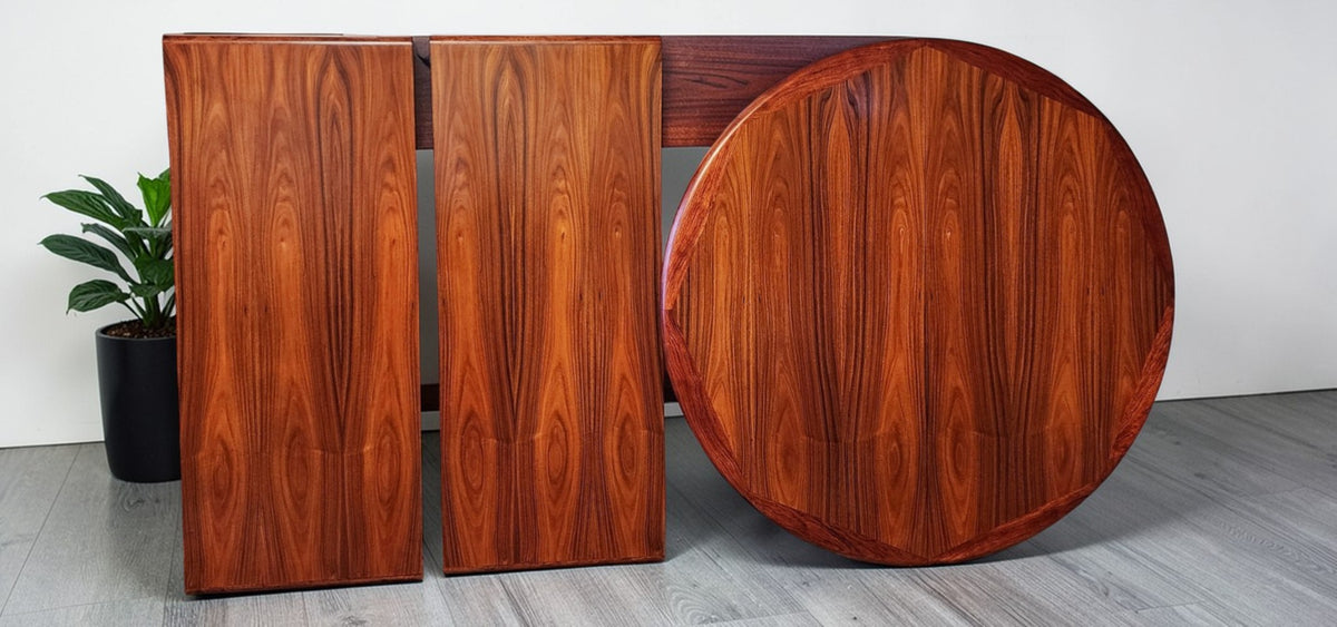 REFINISHED Danish MCM Rosewood Table Round w 2 Leaves by Dyrlund, 47