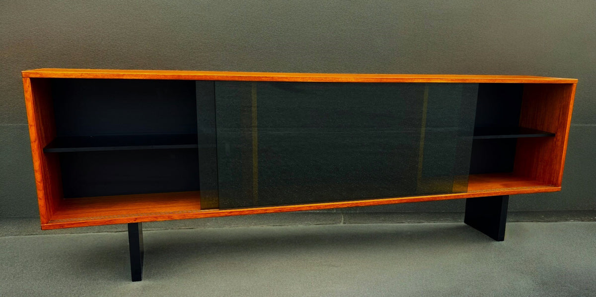REFINISHED Mid Century Modern Teak & Black Bookcase TV Media Console 76.5