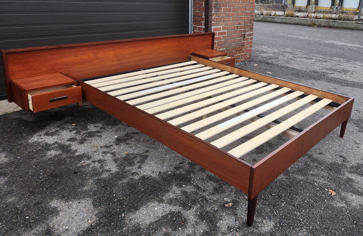 REFINISHED Mid Century Modern Teak Bed w Floating Nightstands Queen
