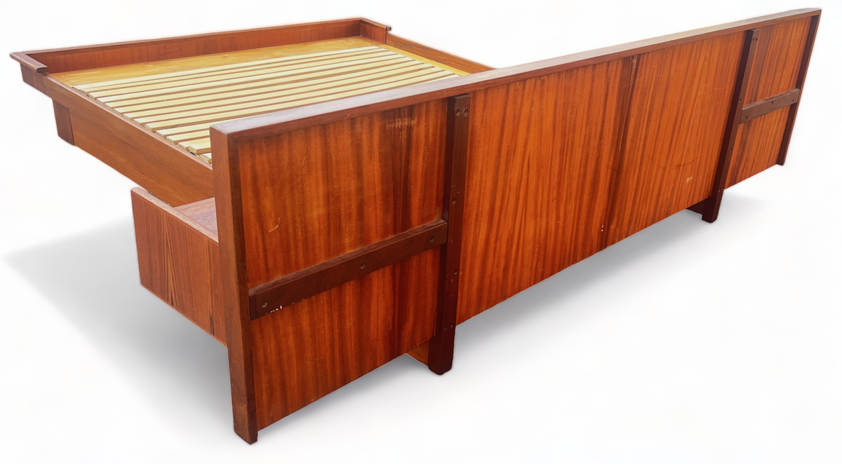 REFINISHED Mid Century Modern Teak Platform Bed Queen w Floating Nightstands