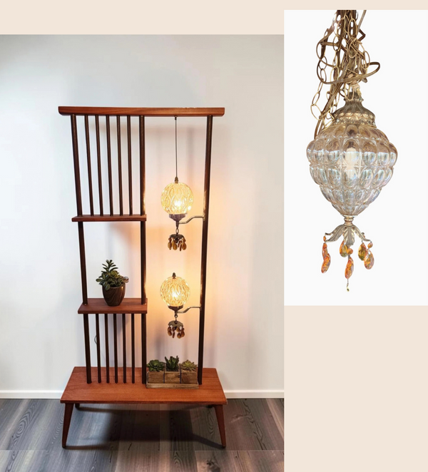 RESTORED MCM Atomic Age Walnut Room Divider w Shelves, Lamps & Ceiling Lamp