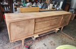 REFINISHED Mid Century Modern Teak Buffet w Geometrical Inlays & Lighting, 94