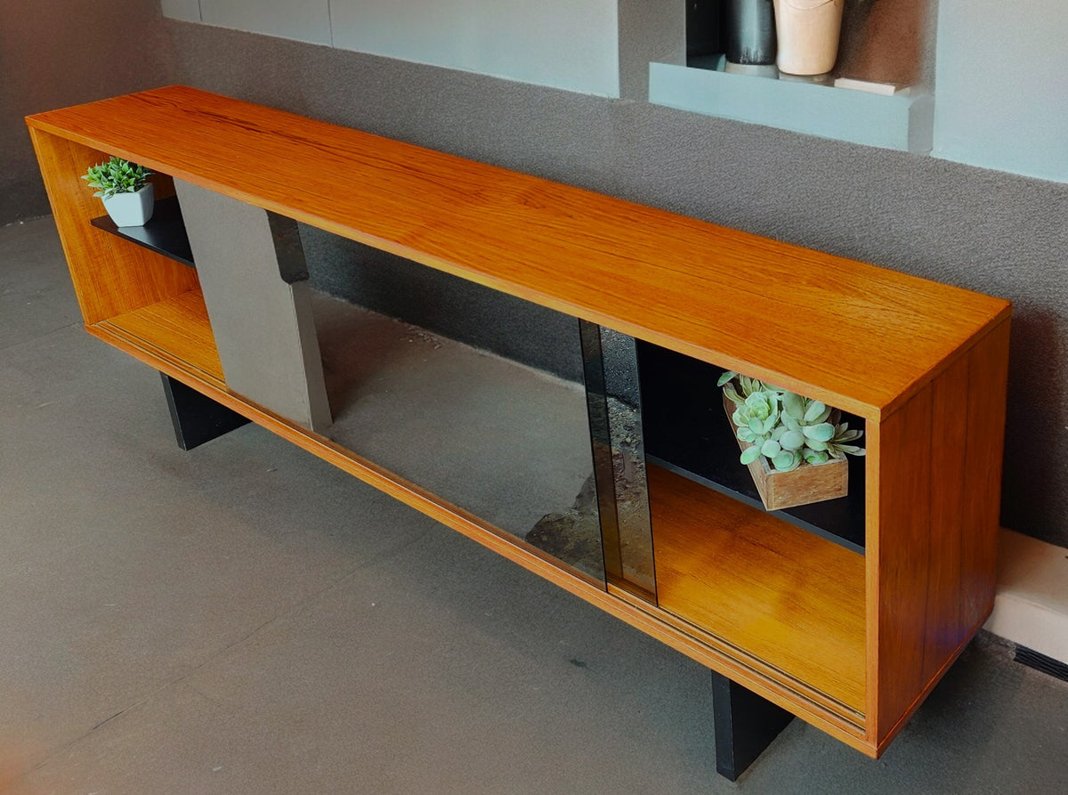 REFINISHED Mid Century Modern Teak & Black Bookcase TV Media Console 76.5