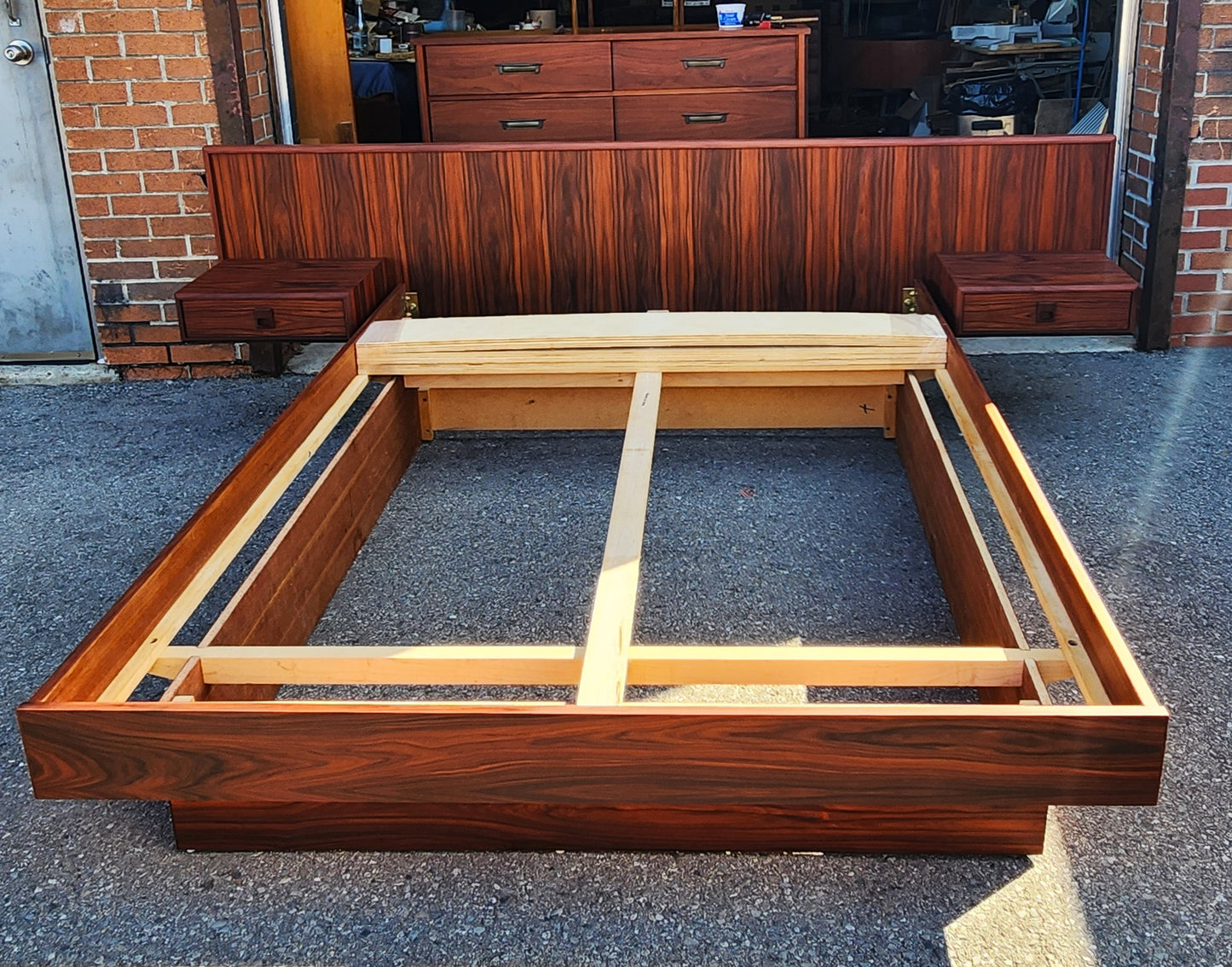 REFINISHED Mid Century Modern Rosewood Queen Bed w Floating Nightstands