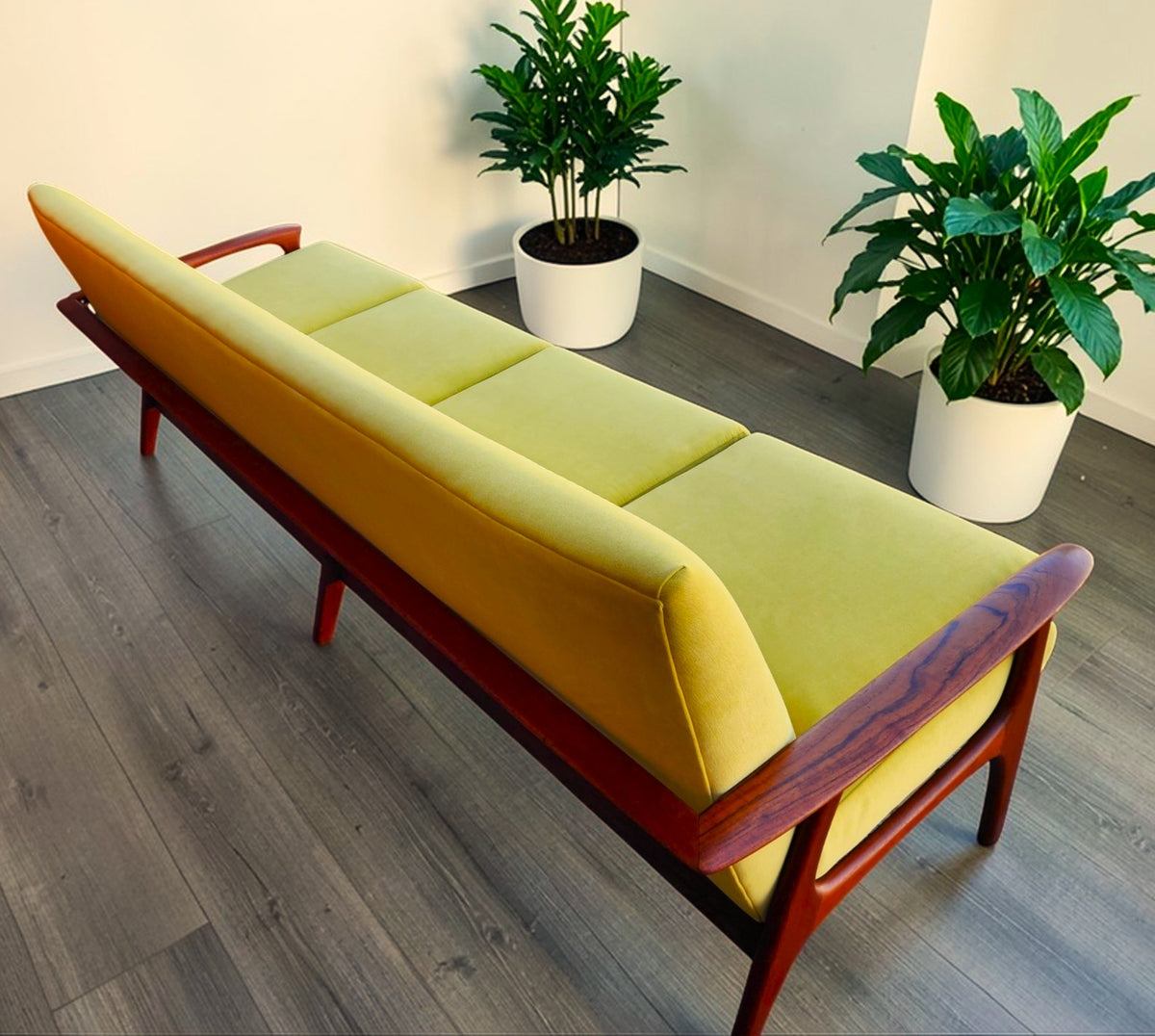 REFINISHED REUPHOLSTERED Mid Century Modern Teak 4-Seater Sofa by R.Huber