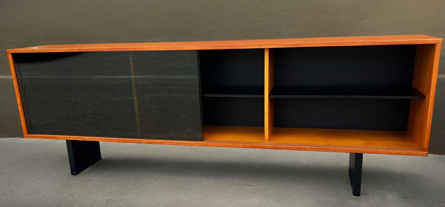 REFINISHED Mid Century Modern Teak & Black Bookcase TV Media Console 76.5"