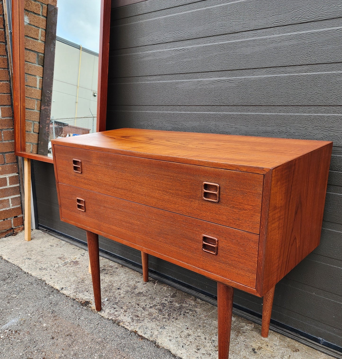 REFINISHED Danish Mid Century Modern Teak Cabinet a 2 Drawers & Mirror