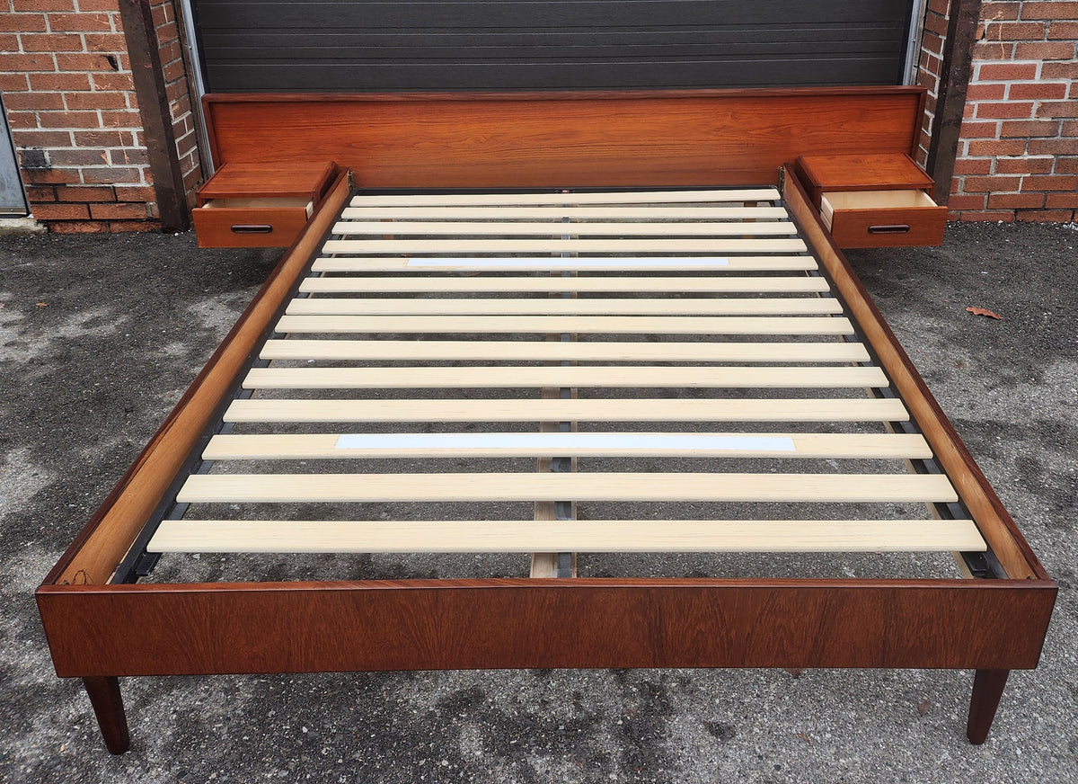 REFINISHED Mid Century Modern Teak Bed w Floating Nightstands Queen