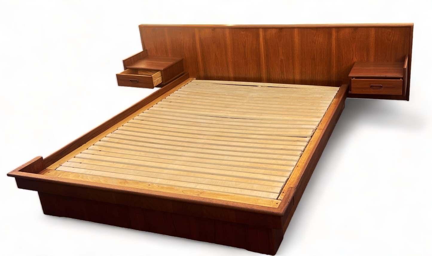 REFINISHED Mid Century Modern Teak Platform Bed Queen w Floating Nightstands