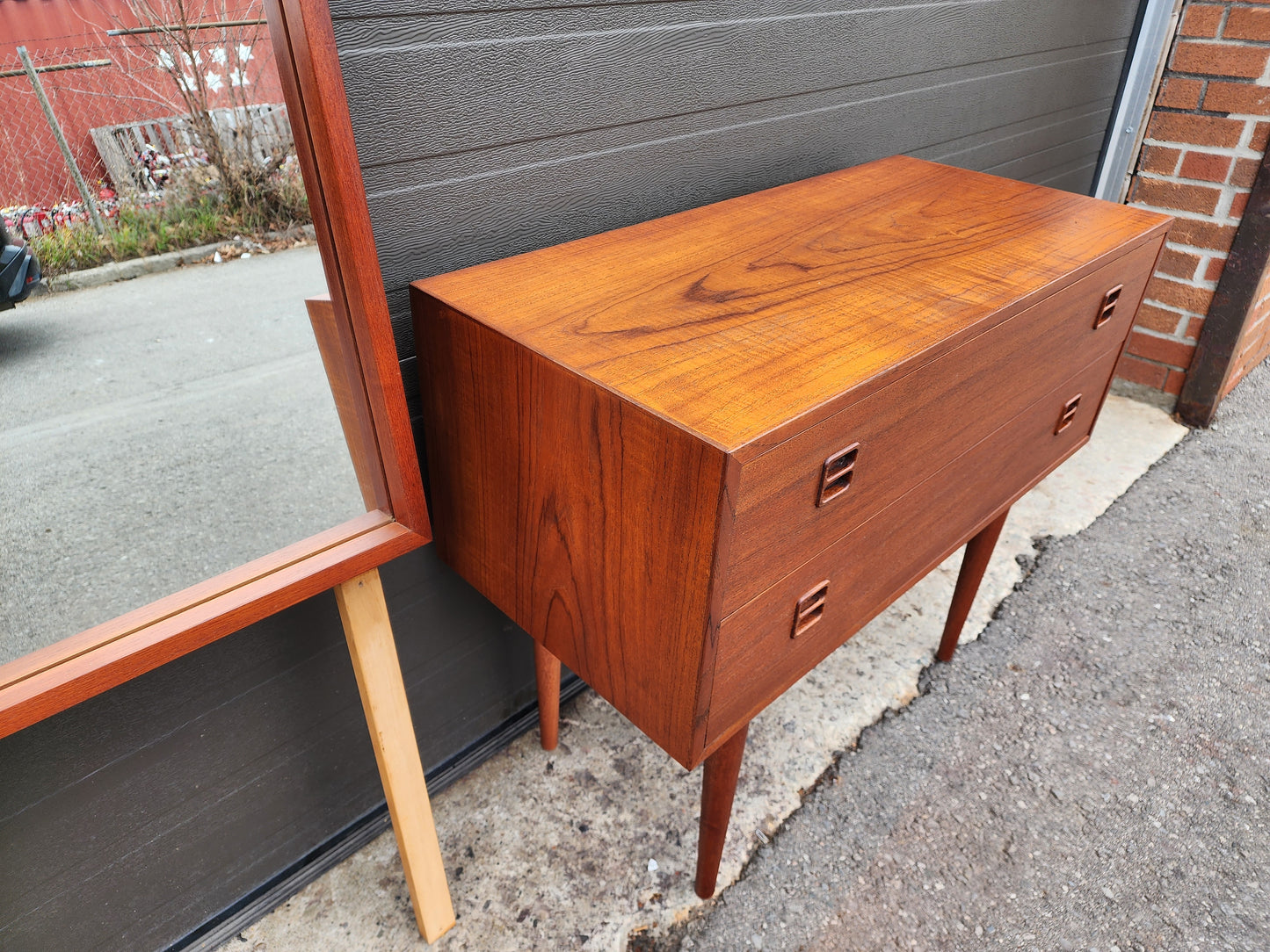 REFINISHED Danish Mid Century Modern Teak Cabinet a 2 Drawers & Mirror