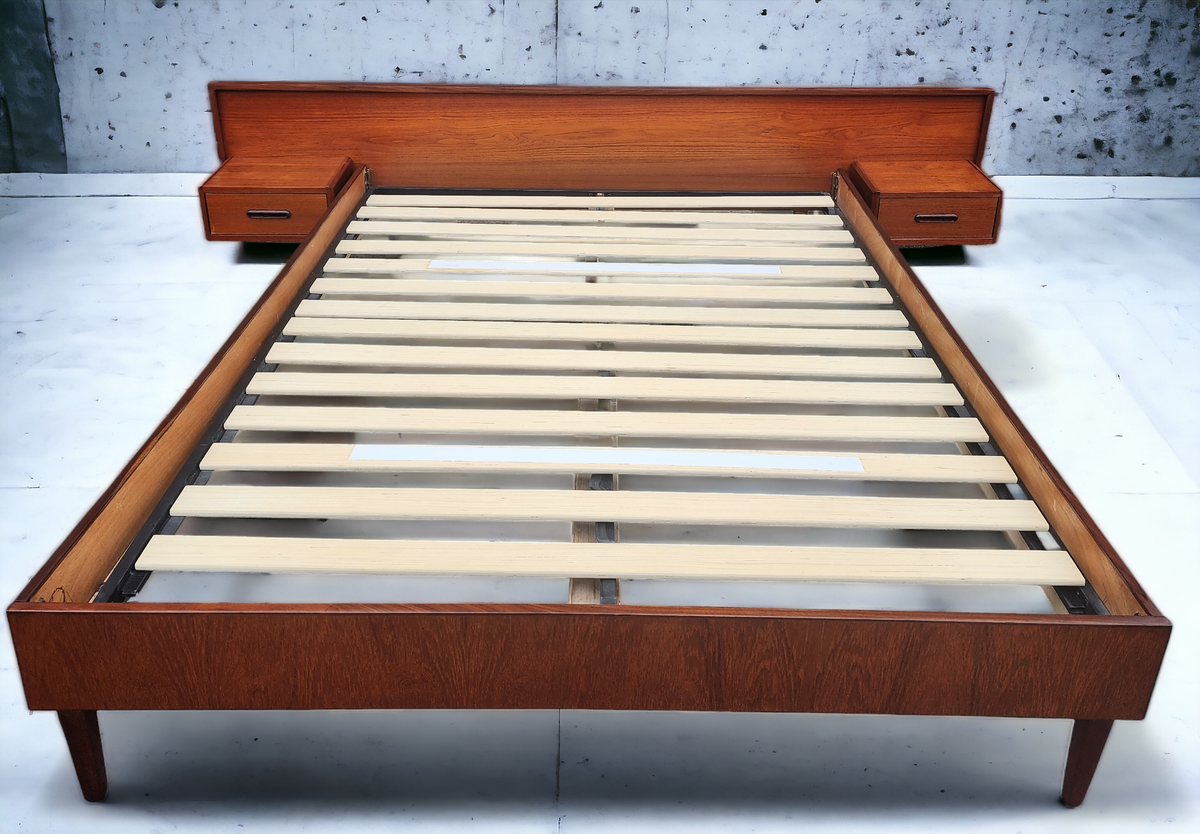REFINISHED Mid Century Modern Teak Bed w Floating Nightstands Queen