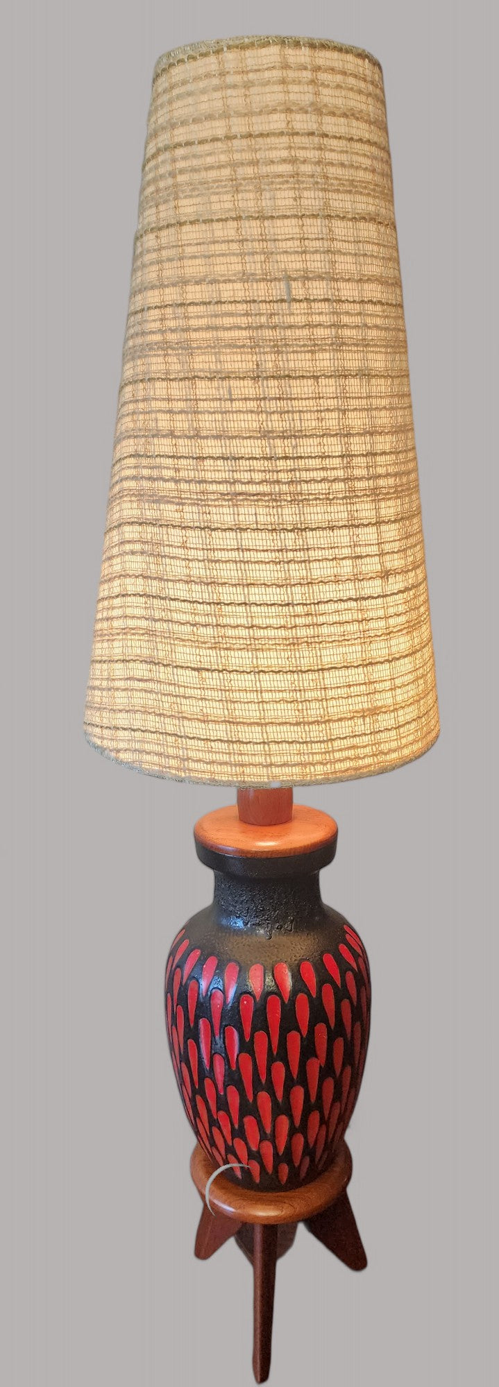 Large Mid Century Modern Pottery & Teak Floor Lamp, H 63"