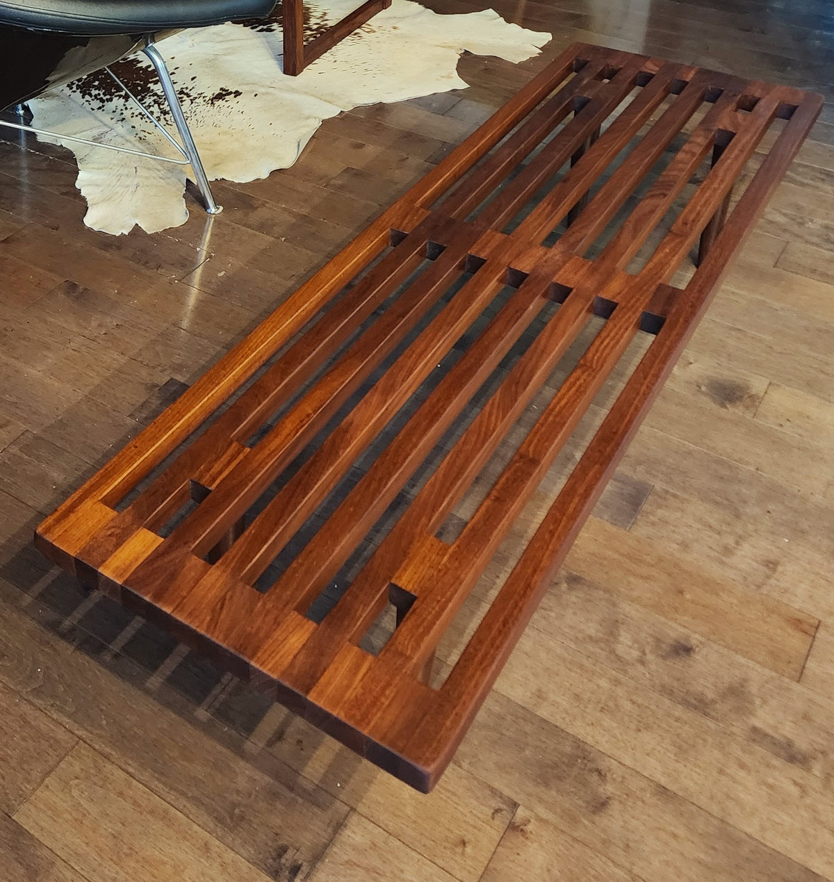 REFINISHED Mid Century Modern Solid Teak Slatted Bench or Coffee Table 60