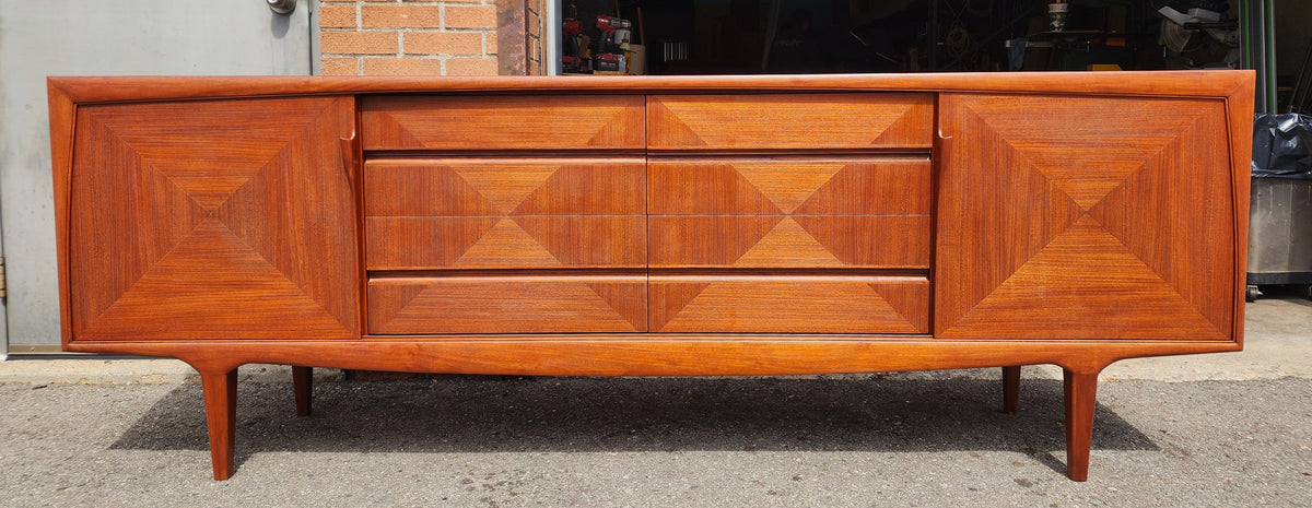 REFINISHED Mid Century Modern Teak Buffet w Geometrical Inlays & Lighting, 94
