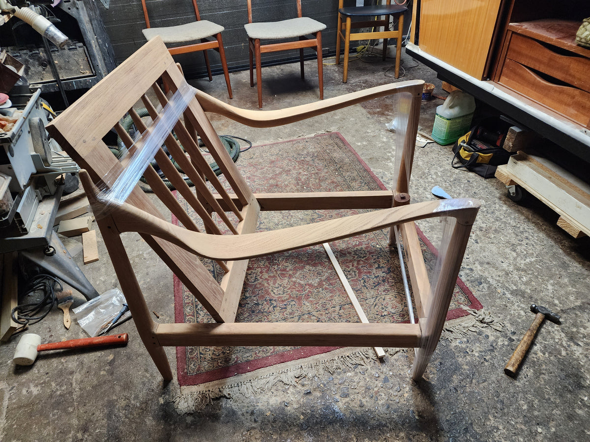 REFINISHED REUPHOLSTERED Danish MCM Teak Lounge Chair w Performance Fabric