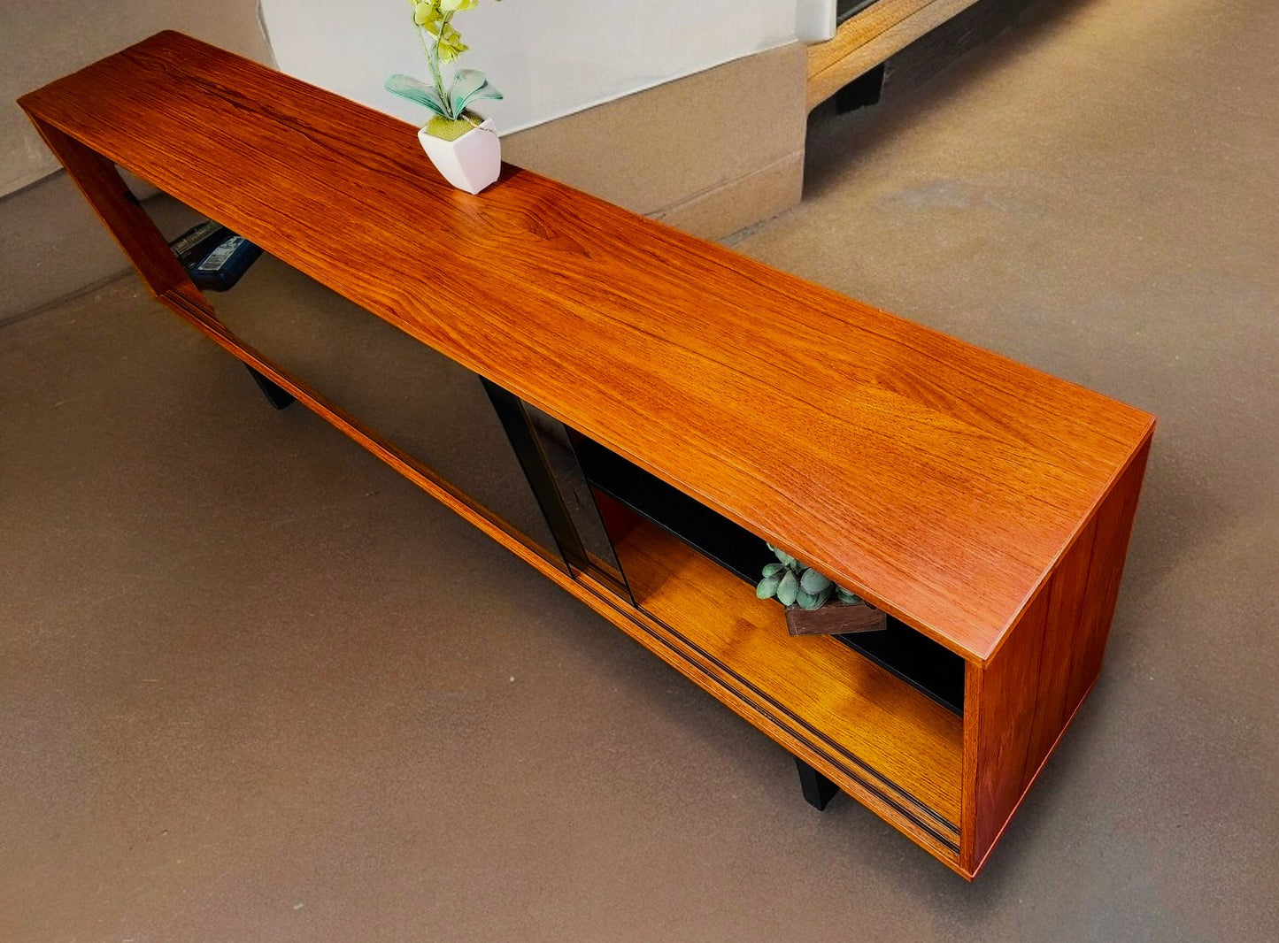 REFINISHED Mid Century Modern Teak & Black Bookcase TV Media Console 76.5"