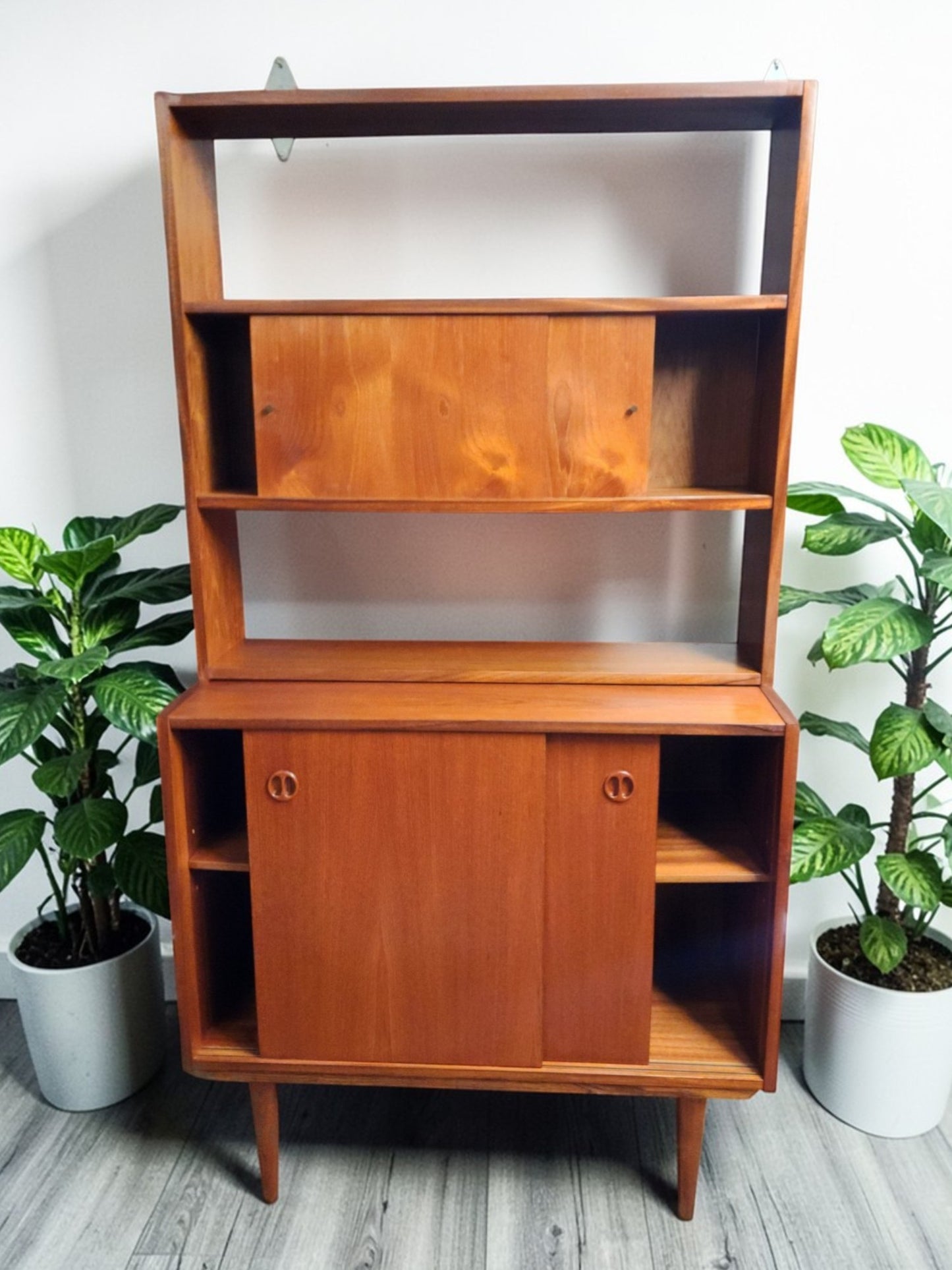 REFINISHED Danish Mid Century Modern Teak 2-Piece Cabinet w Shelving /Divider
