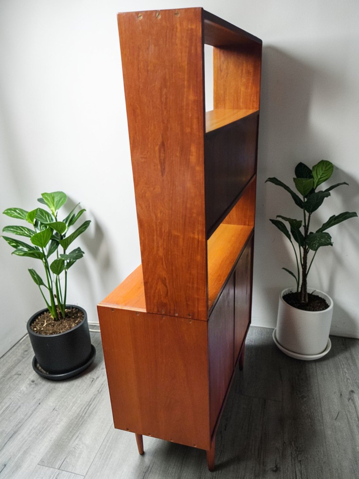 REFINISHED Danish Mid Century Modern Teak 2-Piece Cabinet w Shelving /Divider