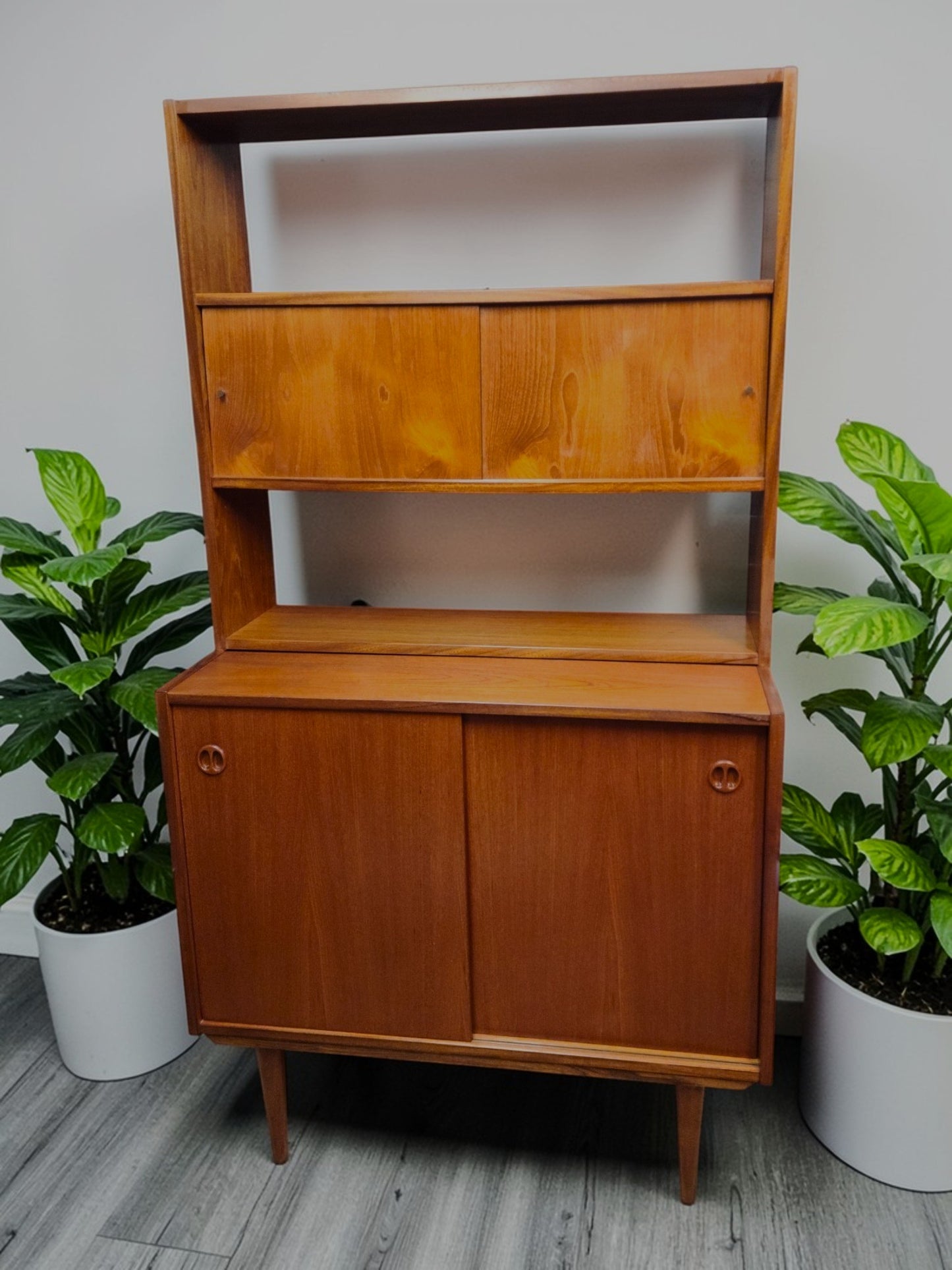 REFINISHED Danish Mid Century Modern Teak 2-Piece Cabinet w Shelving /Divider