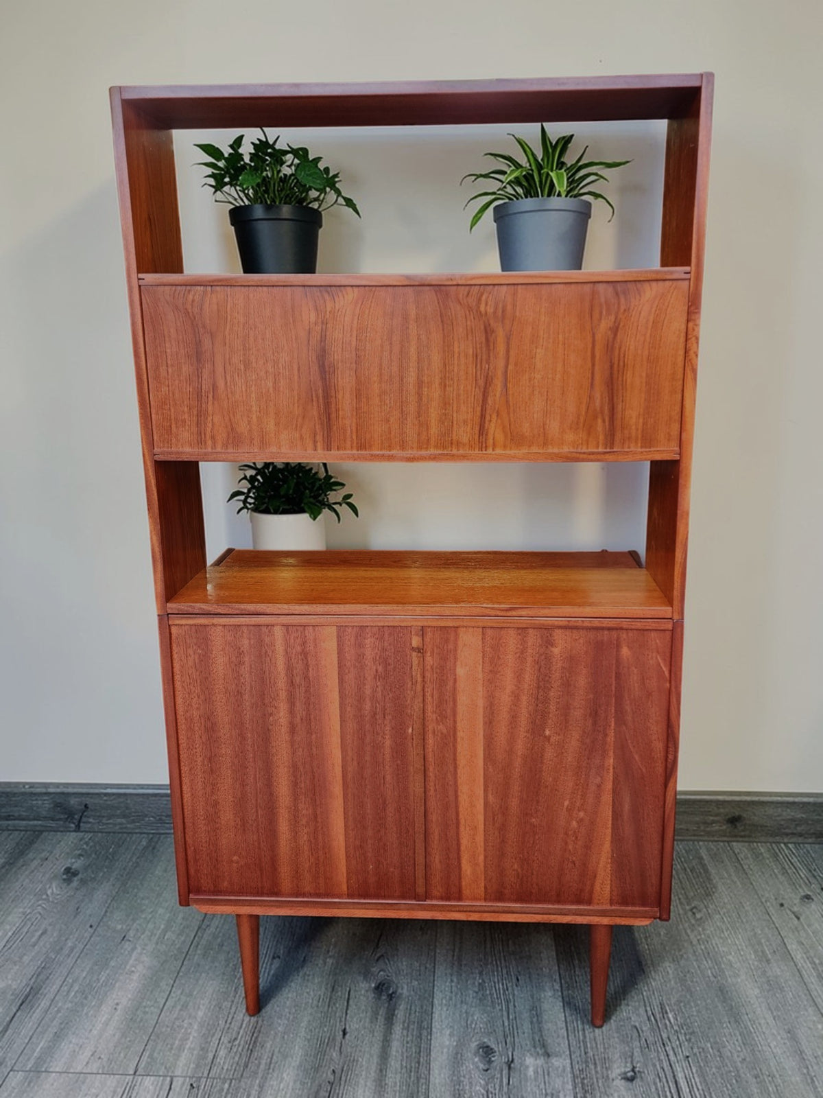 REFINISHED Danish Mid Century Modern Teak 2-Piece Cabinet w Shelving /Divider