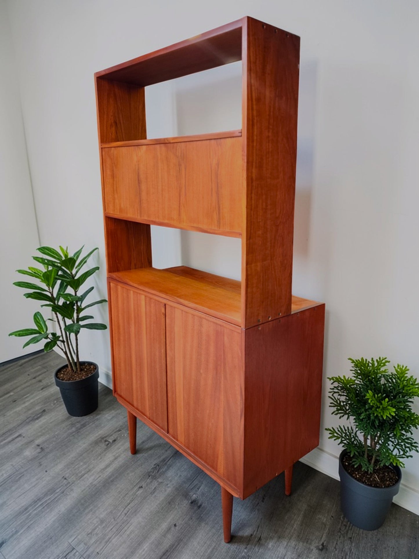 REFINISHED Danish Mid Century Modern Teak 2-Piece Cabinet w Shelving /Divider