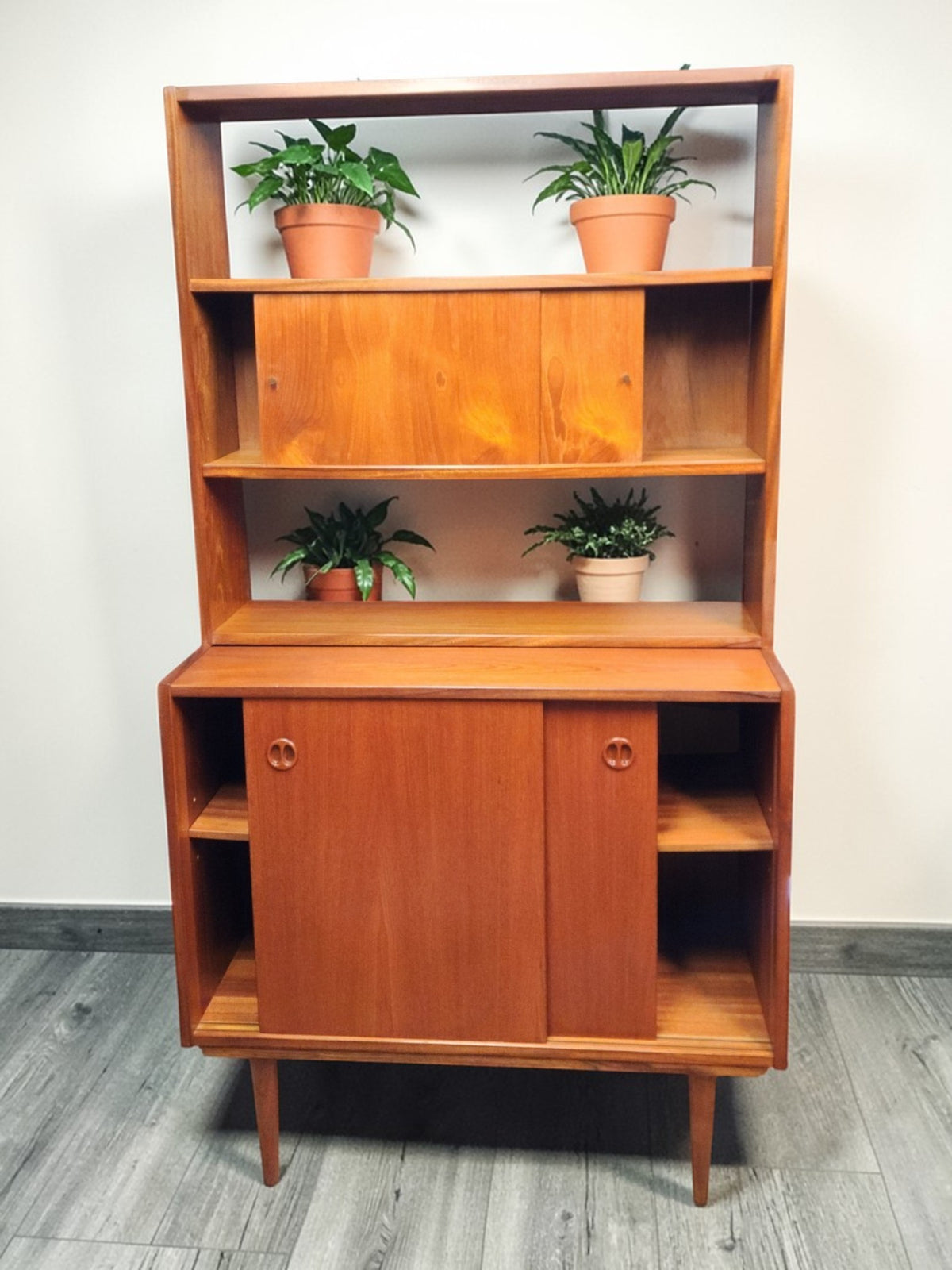 REFINISHED Danish Mid Century Modern Teak 2-Piece Cabinet w Shelving /Divider