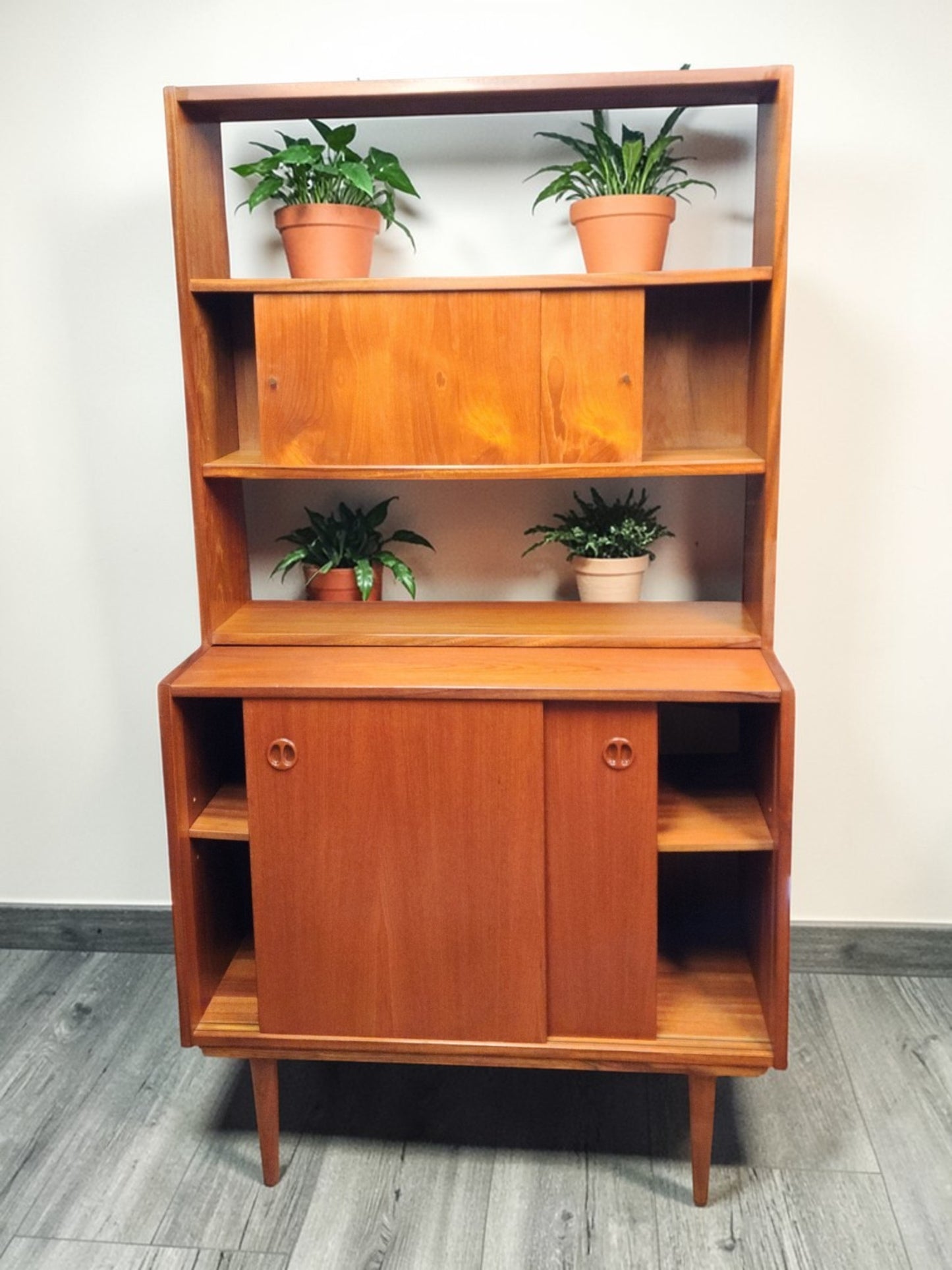 REFINISHED Danish Mid Century Modern Teak 2-Piece Cabinet w Shelving /Divider