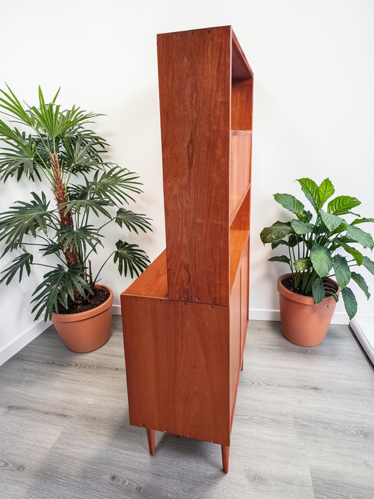 REFINISHED Danish Mid Century Modern Teak 2-Piece Cabinet w Shelving /Divider