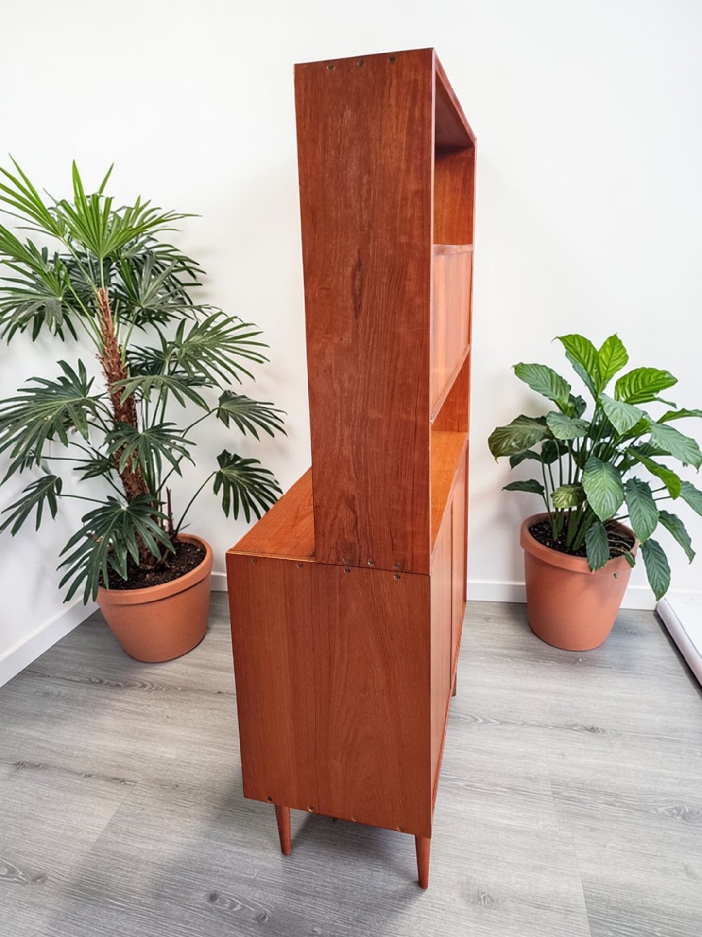 REFINISHED Danish Mid Century Modern Teak 2-Piece Cabinet w Shelving /Divider