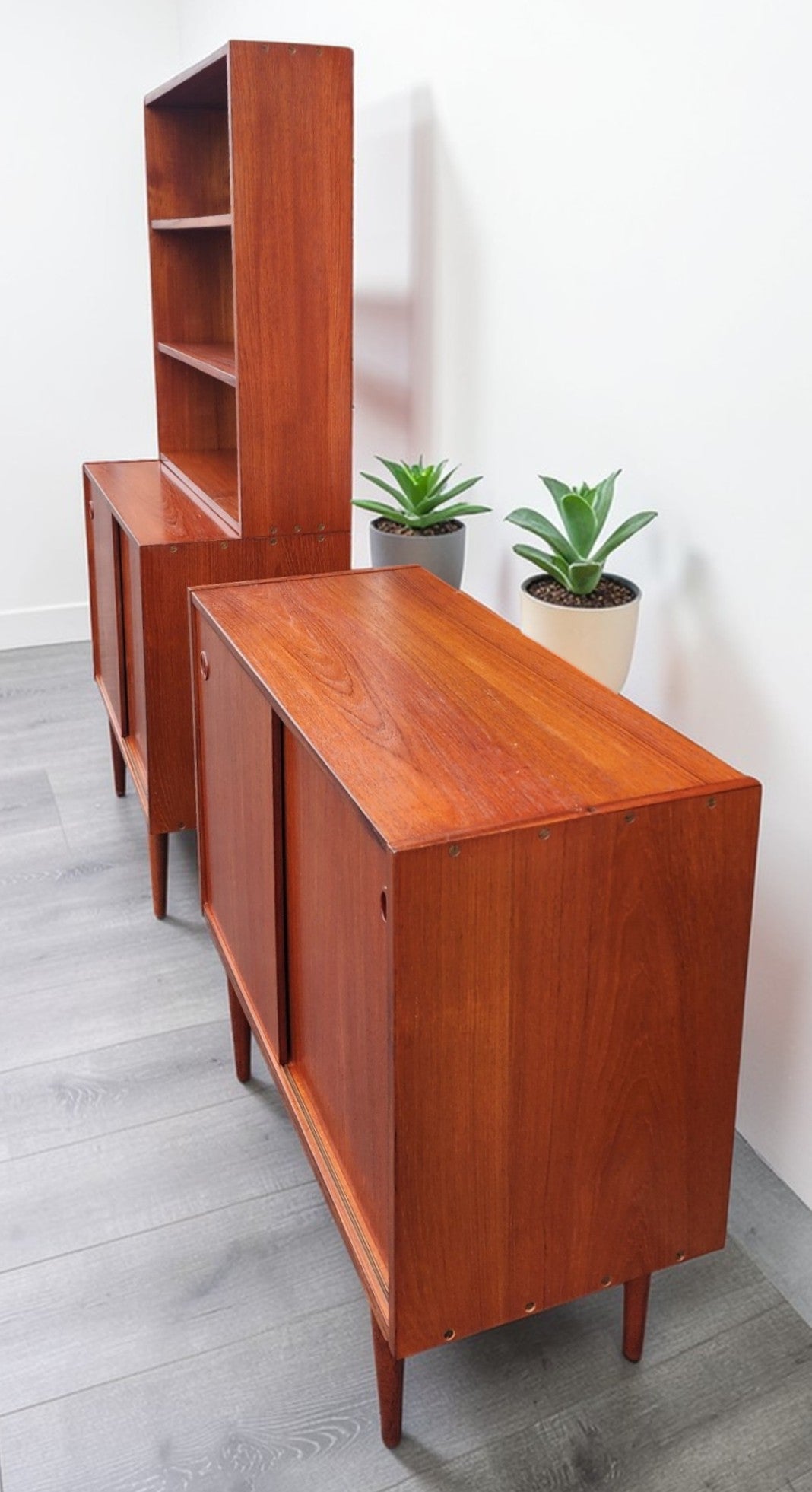 REFINISHED Danish Mid Century Modern Teak 2-Piece Cabinet w Shelving /Divider